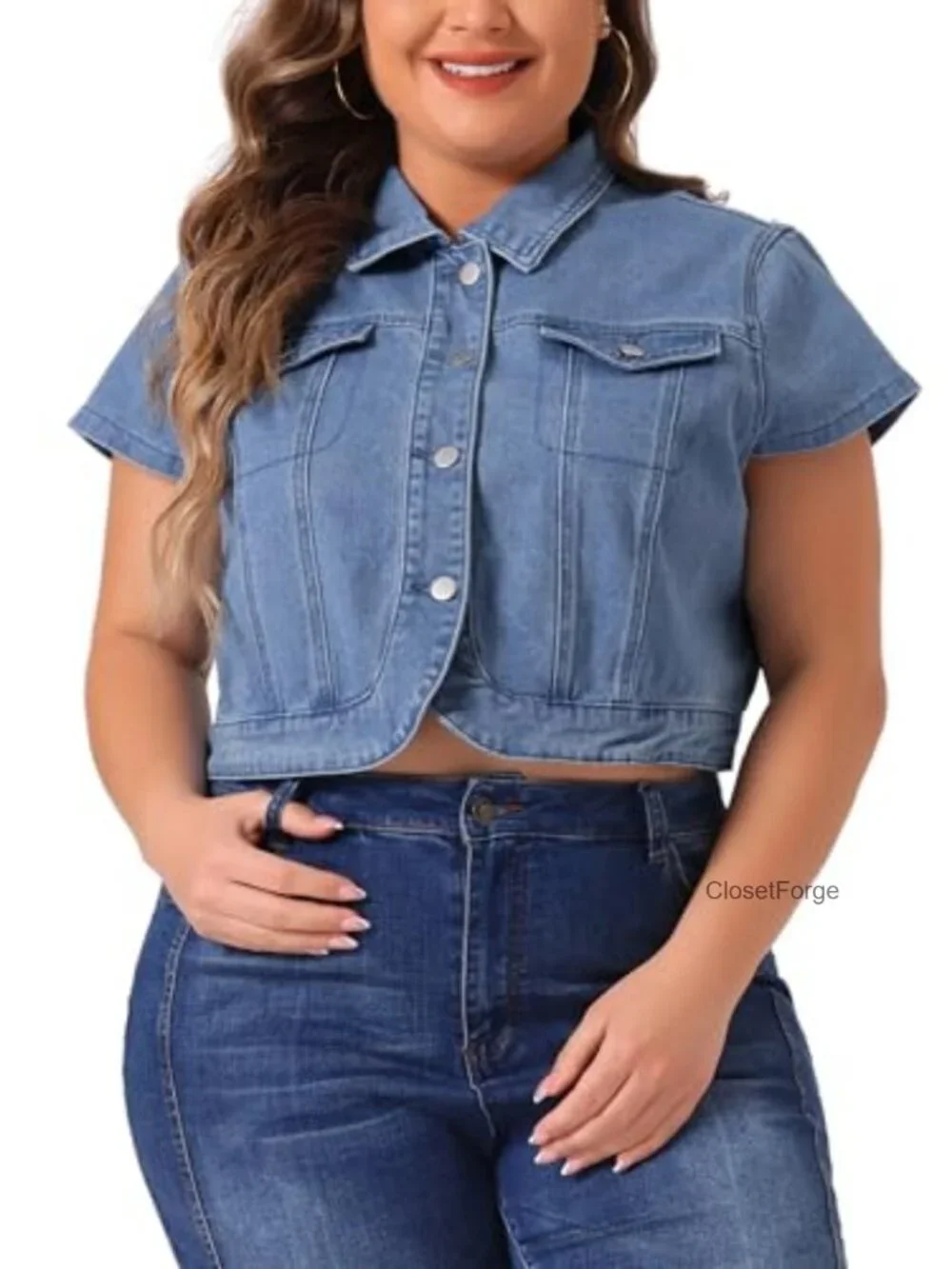 Plus Size Short Sleeve Crop Denim Jacket Button Down Y2K Streetwear
